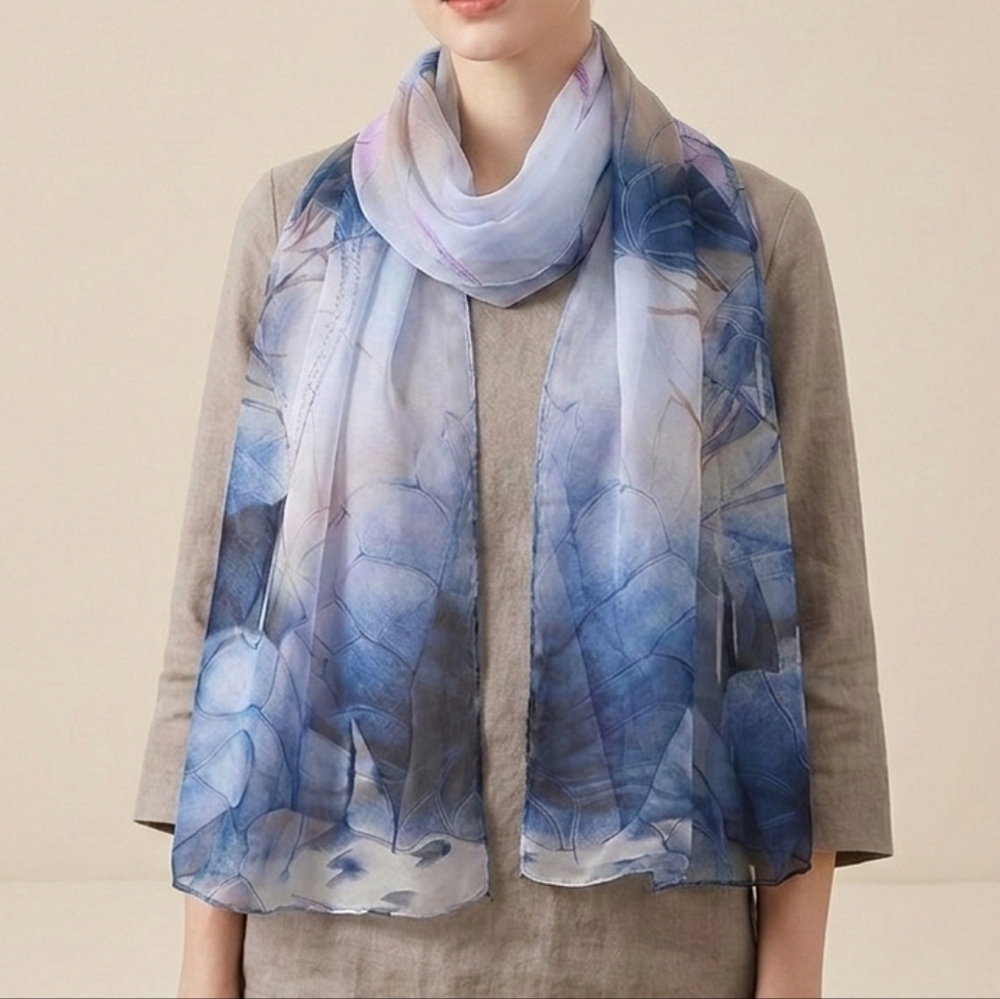 NWT Floral Lotus Chiffon Scarf - Blue & Lavender Watercolor Shawl 63" × 20"